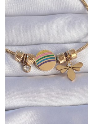 Ronanna 316L Çelik Gold Renk Zirkon Taşlı Gökkuşağı Tasarımlı Yusufçuk Bileklik - Lisinya