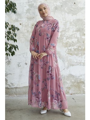 inStyle Yakası Bağcıklı Çiçekli Gül Kurusu Şifon Elbise