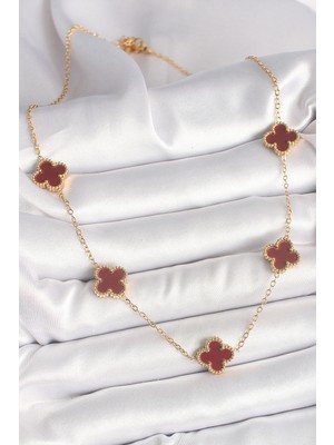 Ronanna 316L Çelik Gold Renk Zincir Bordo Yonca Model Kadın Kolye - Lisinya