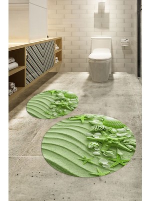 PremiumPort 3D Dijital Baskılı Kaymaz Taban Yuvarlak Banyo Takımı Ikili Yeşil