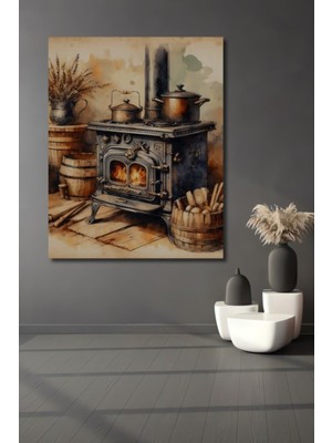 Özgürce Rustik Şömine ve Tencereler Temalı Ahşap Dekoratif Tablo