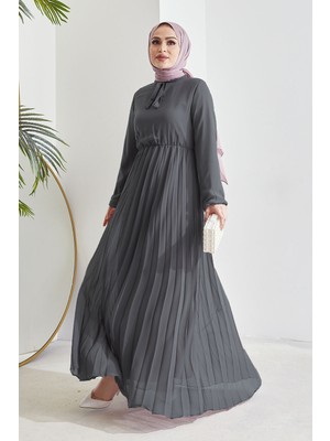 inStyle Piliseli Limelda Füme Şifon Elbise