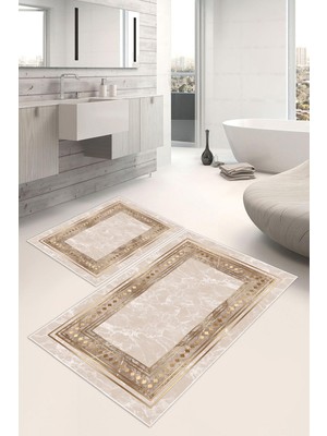 PremiumPort Dijital Baskı Kaymaz Taban Çerçeveli 2'li Banyo Paspası Seti
