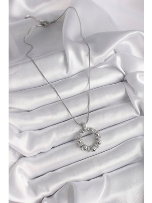 Ronanna 316L Çelik Gümüş Renk Zincir Zirkon Taş Detaylı Bombeli Halka Model Kadın Kolye - Lisinya