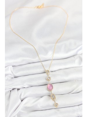 Ronanna Pirinç Zincir Pembe Gold Renk Zirkon Taşlı Y Kolye - Lisinya