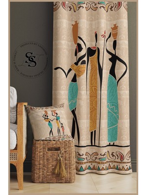 Özgürce Turkuaz Etnik Kadife Dijital Baskılı Fon Perde 140X270 cm