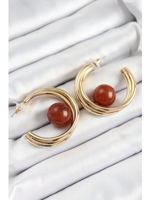 Ronanna Pirinç Gold Renk Halka Model Kahverengi Boncuk Detay Kadın Küpe - Lisinya