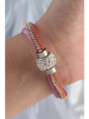 Ronanna Pembe Renk Zirkon Taşlı Püskül Detay Deri Çoklu Bileklik - Lisinya