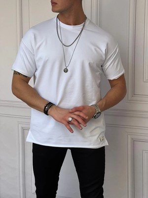 Modefendicom Pamuk Likra Yırtmaç Detaylı 2 Iplik Oversize Tshirt