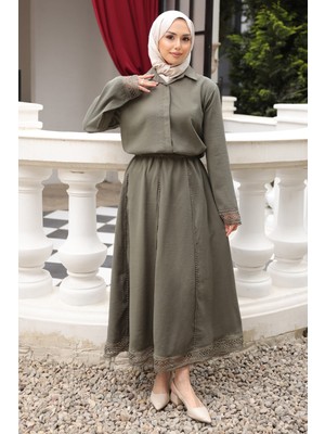 İmaj Butik Haki Düğmeli Kolu Dantelli Gömlek Etekli Takım