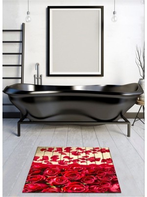 PremiumPort Gül Desenli Kaymaz ve Yıkanabilir Banyo Paspası, Deri Taban, 40X60 cm