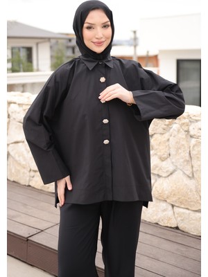 İmaj Butik Siyah Düğmeli Geniş Kol Gömlek