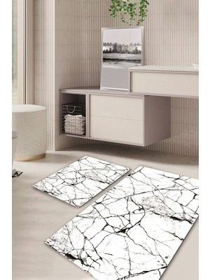 PremiumPort Mermer Desenli Kaymaz Taban Banyo Halısı ve Paspas Takımı (2'li)