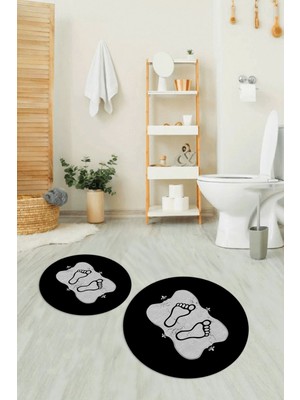 PremiumPort Yıkanabilir, Kaymaz Taban, Dijital Baskılı, Ayak Desenli, Yuvarlak, Ikili Banyo Takımı