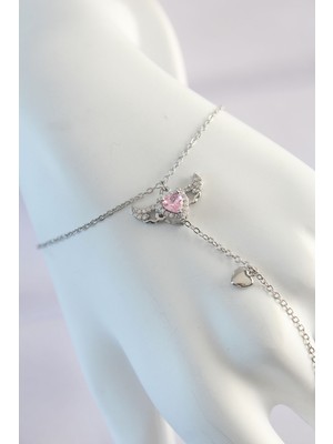 Ronanna 316L Çelik Gümüş Renk Pembe Zirkon Taşlı Kanatlı Kalp Model Şahmeran - Lisinya