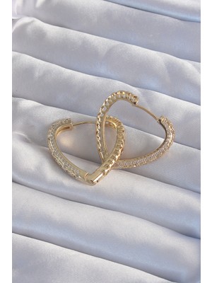 Ronanna Pirinç Gold Renk Zirkon Taşlı Motifli Kalp Küpe - Lisinya