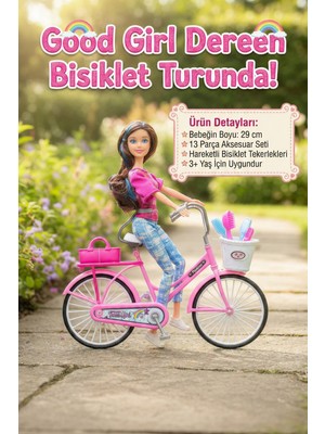 Craftivio Good Girl Dereen Hareketli Bisikletli Bebek Seti 29CM - 13 Parça Aksesuarlı Oyuncak - 3+ Yaş