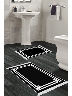PremiumPort Modern Siyah 2'li Dijital Banyo Paspas Takımı, Kaymaz Taban, Saçaklı
