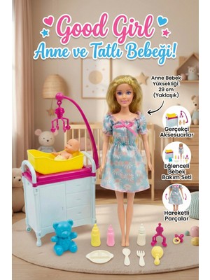 Craftivio Good Girl Anne ve Tatlı Bebeği Bakım Seti - 29 cm Aksesuarlı Oyuncak Bebek ve Beşik