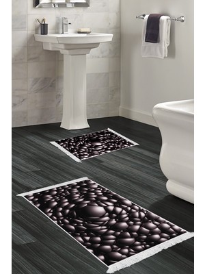 PremiumPort Kaymaz Taban Djt Klozet Takımı Luna Pamuk Saçaklı Geometrik Siyah