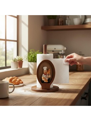 Özgürce Doğal Ahşap Şef Figürlü Mutfak Kağıt Havluluk, 25 Cm, Dekoratif Tasarım