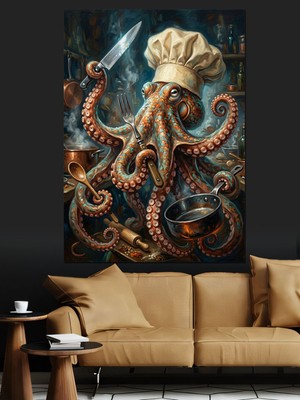 Özgürce Elinde Bıçak Tutan Aşçı Ahtapot Dekoratif Kanvas ve Mdf Tablo