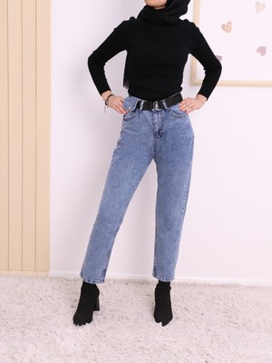 Moda Morfo Metal Tokalı Kemerli Çıt Çıt Detaylı Kot Pantolon -Koyu Mavi