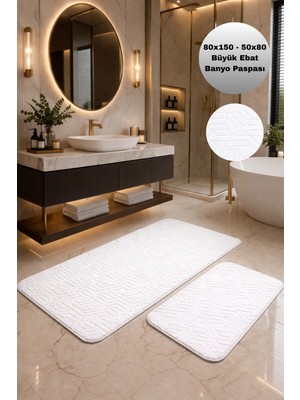 PremiumPort Yumuşak Yüzeyli Modern Banyo Paspas Takımı, Kaymaz Tabanlı, Beyaz Renk