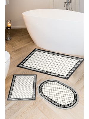 PremiumPort Yıldız Deri Kaymaz Taban 3'lü Banyo Paspas Takımı, Oval, Modern, Krem