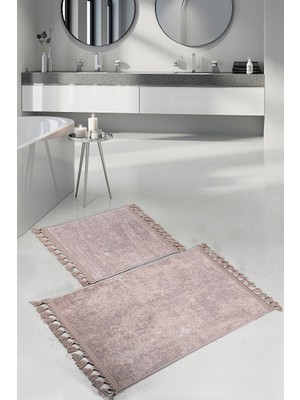PremiumPort Saçaklı Banyo Halısı Çift Seti 60X100 ve 50X60, Kaymaz ve Yıkanabilir