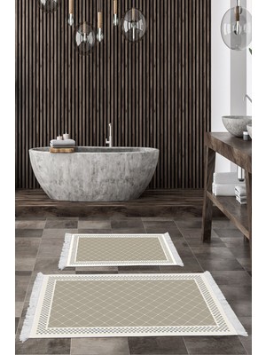 PremiumPort Modern Krystalyn Banyo Paspas Takımı, Kaymaz Taban, Saçaklı, Bej Renk