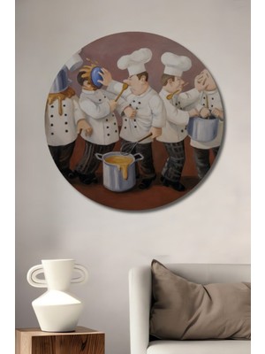 Özgürce Yuvarlak Şefler Temalı Mutfak Dekoratif Ahşap Tablo