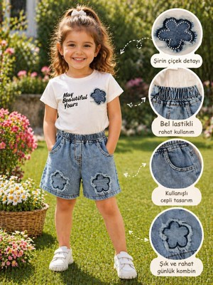 Bulut Anne ve Çocuk Kız Çocuk Kot Denim Cepli Şortlu Çiçek Kabartmalı T-Shirt Şort Takım Şık Bayramlık Rahat