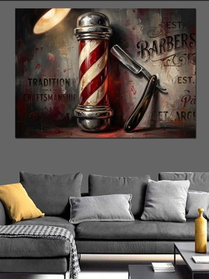 Özgürce Şık Barber Shop Kanvas ve Mdf Ahşap Dekoratif Tablo