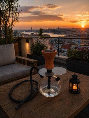 26 cm Cam Nargile Seti – 13 cm Taban Çapı – Modern Çizgili Tasarım, Balkon & Ev Kullanımı