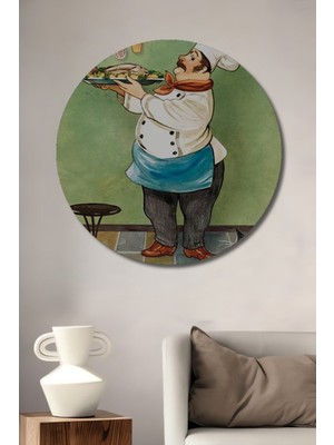 Özgürce Yuvarlak Şef ve Kedi Sulu Boya Görünümlü Ahşap Dekoratif Tablo
