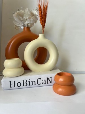 Özgürce Kiremit Renkli Halka Vazo ve Mumluk Seti, Dekoratif Donut Obje 2'li