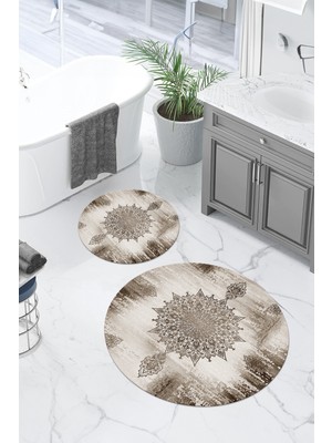 PremiumPort Yıkanabilir Sade Vektör Desenli Yuvarlak Banyo Paspası ve Klozet Takımı