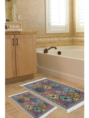 PremiumPort Renkli, Kaymaz Tabanlı, Saçaklı Dijital Banyo Paspas Takımı