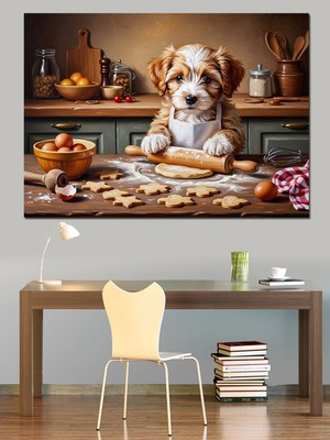 Özgürce Mutfakta Hamur Yoğuran Yavru Köpek Dekoratif Kanvas ve Mdf Tablo