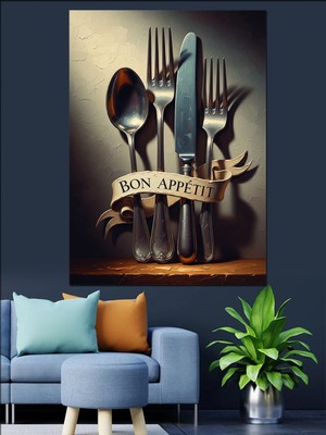 Özgürce Şık Gümüş Çatal ve Bıçak Mutfak Panosu, Dekoratif Kanvas ve Mdf Tablo