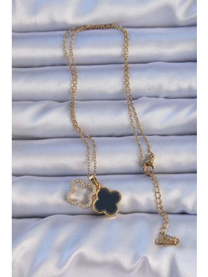 Ronanna 316L Çelik Gold Renk Siyah Mineli Zirkon Taşlı Yonca Figürlü Kolye - Lisinya