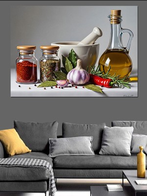 Özgürce Mutfak Baharatlar ve Zeytinyağı Sunumu Dekoratif Kanvas Tablo