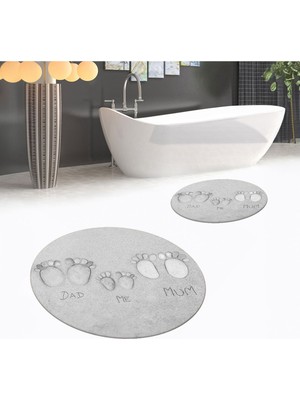 PremiumPort Yıkanabilir, Kaymaz, Dijital Baskılı, Yuvarlak Ikili Banyo Paspas Takımı