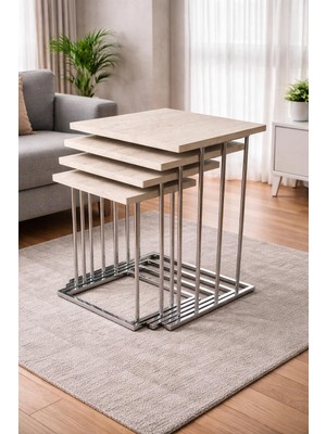 Eryalux Home 4'lü Rüya Model Gümüş-Traverten Zigon Sehpa