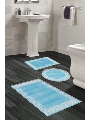 PremiumPort Modern 3'lü Banyo Takımı, Keçe Kaymaz Taban, Yuvarlak, Sequoia Mavi