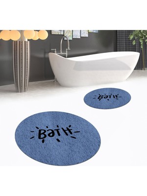 PremiumPort Yıkanabilir Dijital Baskılı Yuvarlak Ikili Banyo Paspası Seti Mavi
