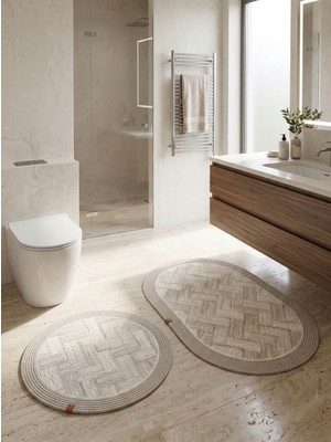 PremiumPort Şık Jüt Kenarlı Oval ve Yuvarlak Banyo Paspası Seti 100X60-60X60