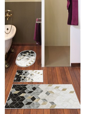 PremiumPort Dijital 3'lü Banyo Takımı, Keçe Kaymaz Taban, Oval, Trend, Renkli, Şık