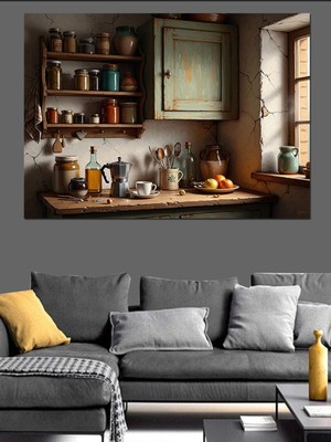 Özgürce Rustik Mutfak Rafı ve Ekmekler Dekoratif Kanvas Tablo